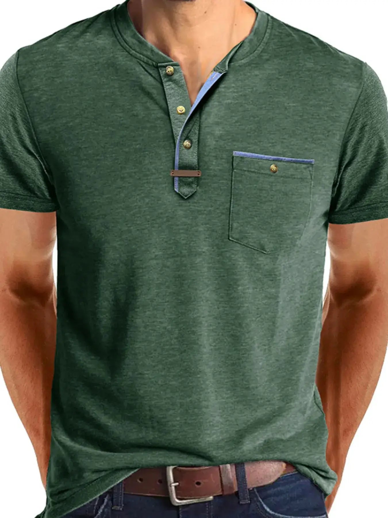 Men's Full Size Short Sleeve Henley Polo with Contrast Trim Plus Size