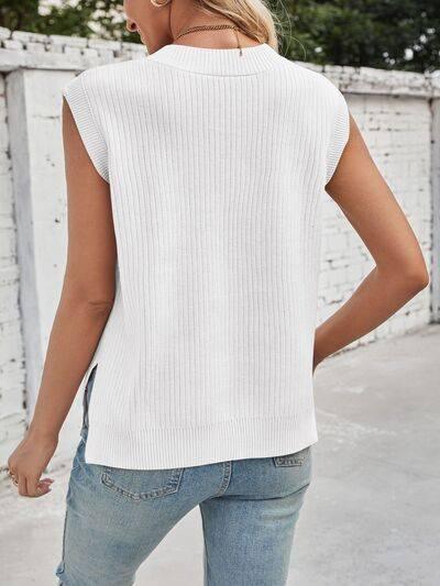 Lovelet Ribbed Slit V-Neck Sweater Vest