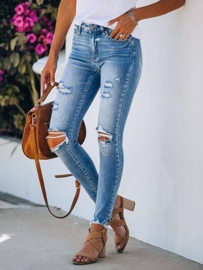 Distressed Frayed Hem Skinny Jeans