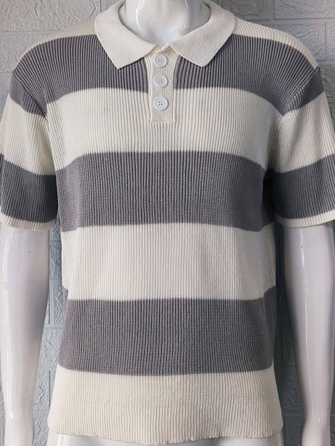 Men's Plus Size Collared Neck Striped Ribbed Knit Polo