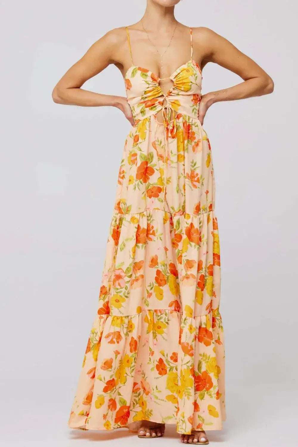 Floral Print Tie Front Tiered Maxi Dress