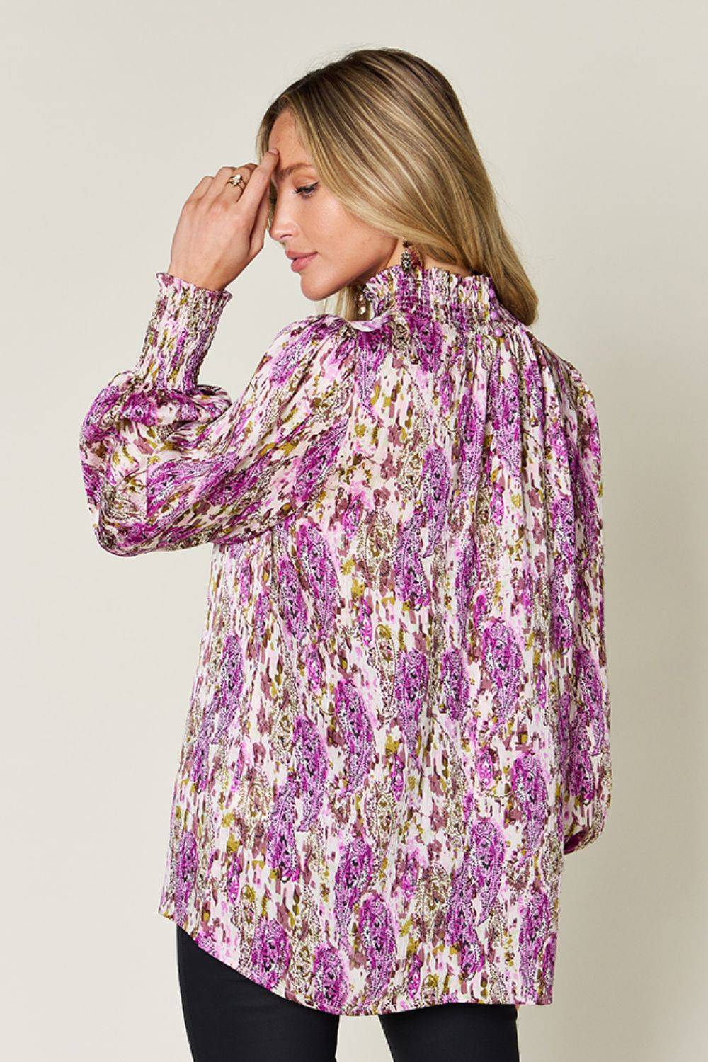 Double Take Full Size Printed Smocked Long Sleeve Blouse - Clothes For Her Online Store