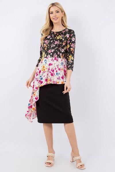 Celeste Floral Asymmetrical Hemline Round Neck Top