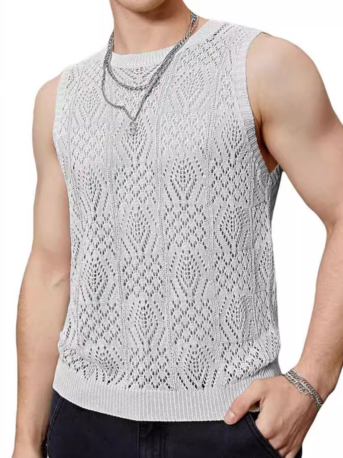 Men's Openwork Round Neck Tank - Clothes For Her Online Store