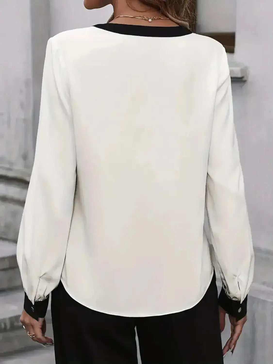 Contrast Notched Long Sleeve Blouse - Clothes For Her Online Store