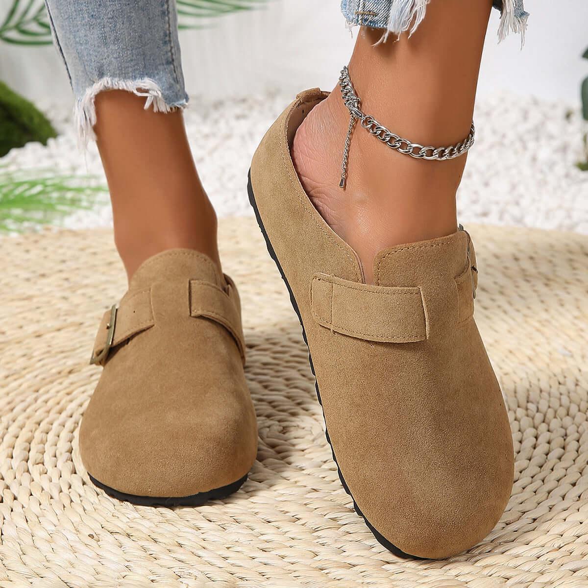 Round Toe Suede Buckle Slip-Ons