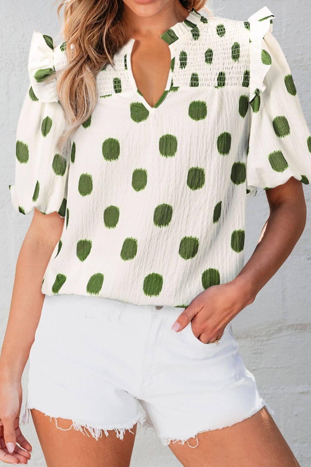 Polka Dot Shirred Yoke Notched Neck Puff Sleeve Blouse