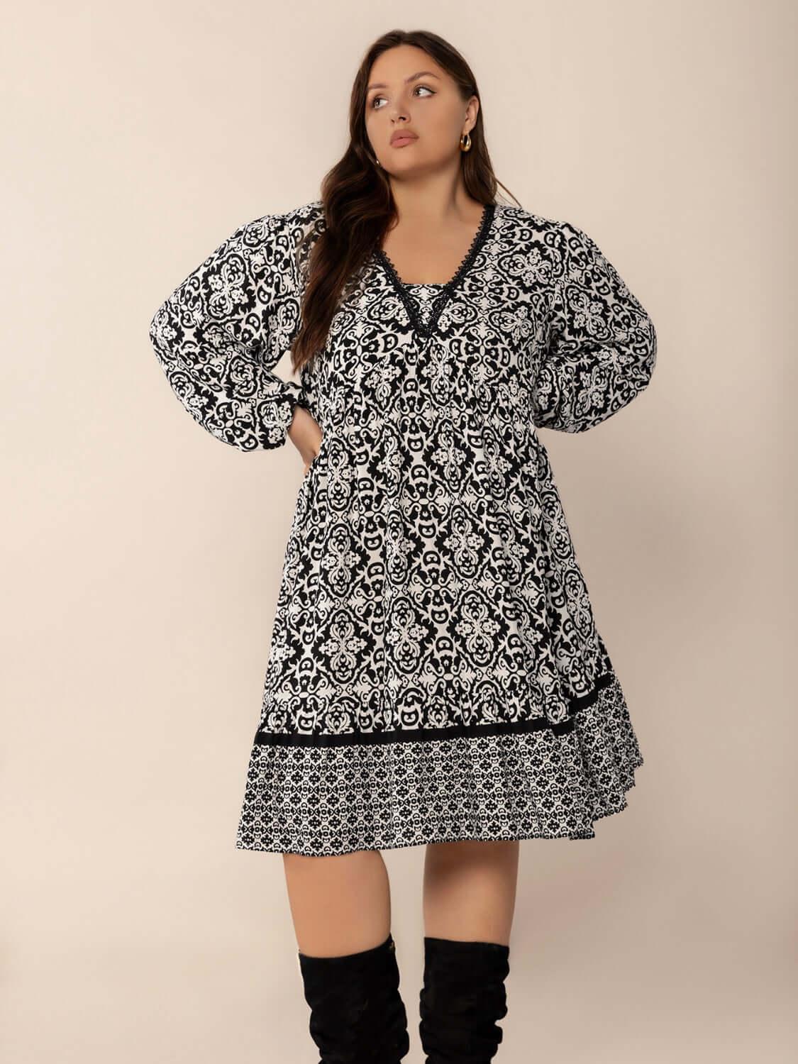 Plus Size Lace Detail Printed Balloon Sleeve Dress