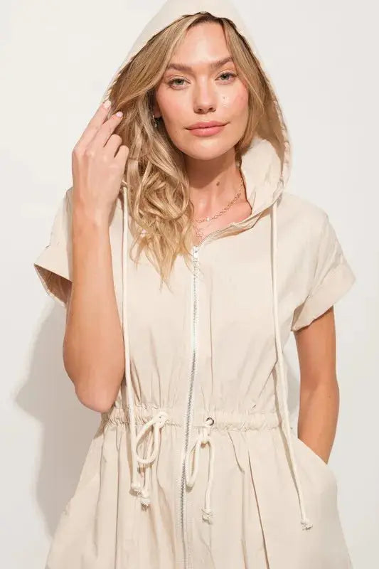 And The Why Short Sleeve String Details Hooded Mini Dress - Clothes For Her Online Store