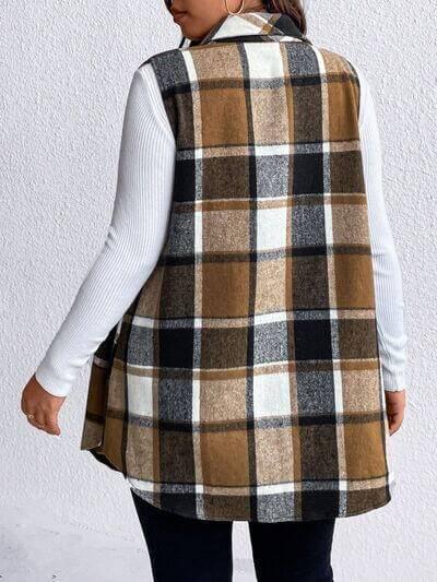Honey Plus Size Pocketed Plaid Button Up Vest Coat - Clothes For Her Online Store