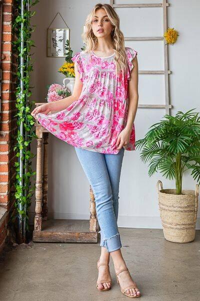 Heimish Full Size Butterfly Sleeve Round Neck Floral Tiered Top Plus Size