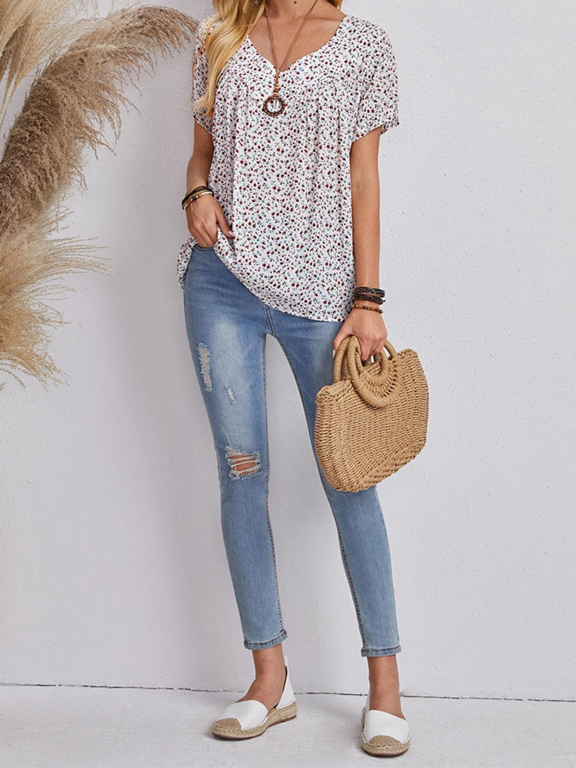 Floral V-Neck Short Sleeve T-Shirt