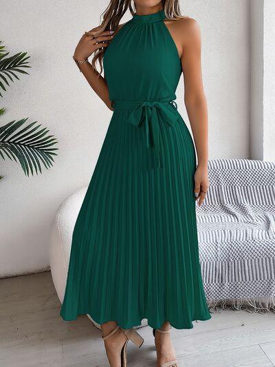 Grecian Neck Tie Waist Pleated Dress