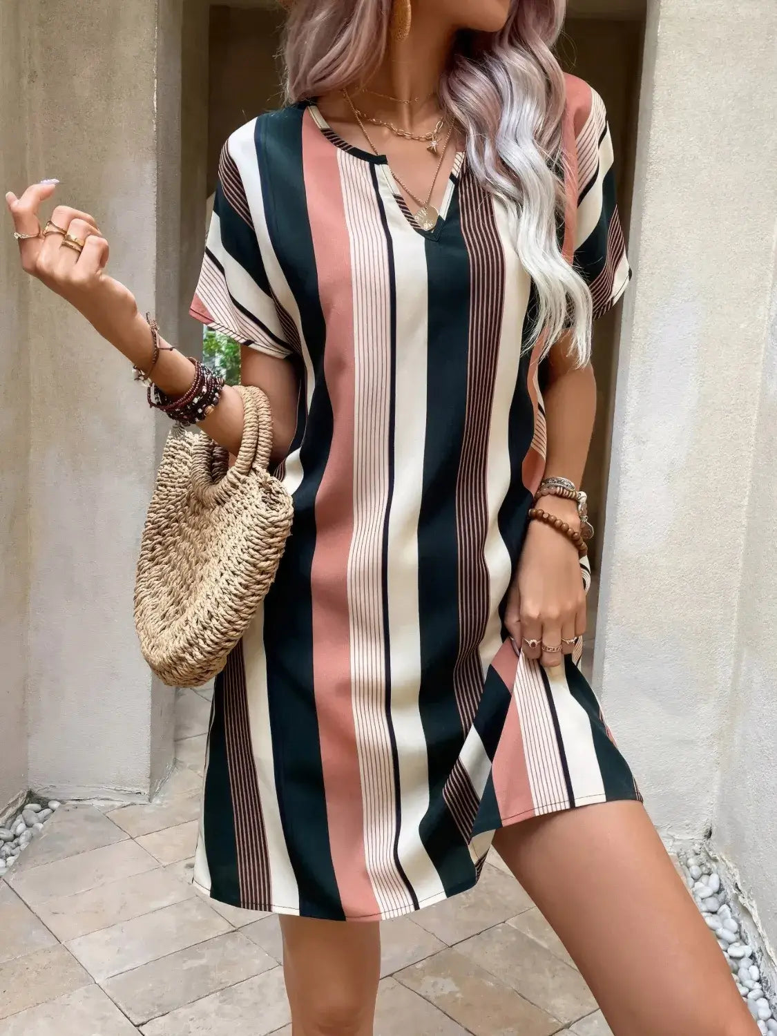 Striped Notched Short Sleeve Dress