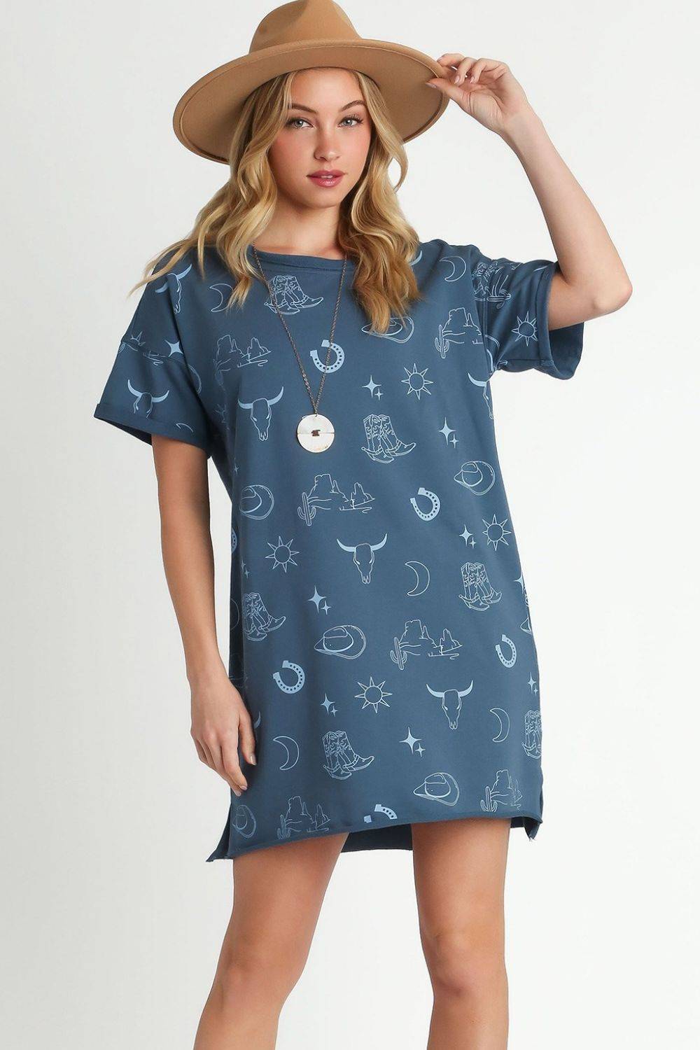 Umgee Full Size French Terry Short Sleeve Round Neck Dress Plus Size - Clothes For Her Online Store