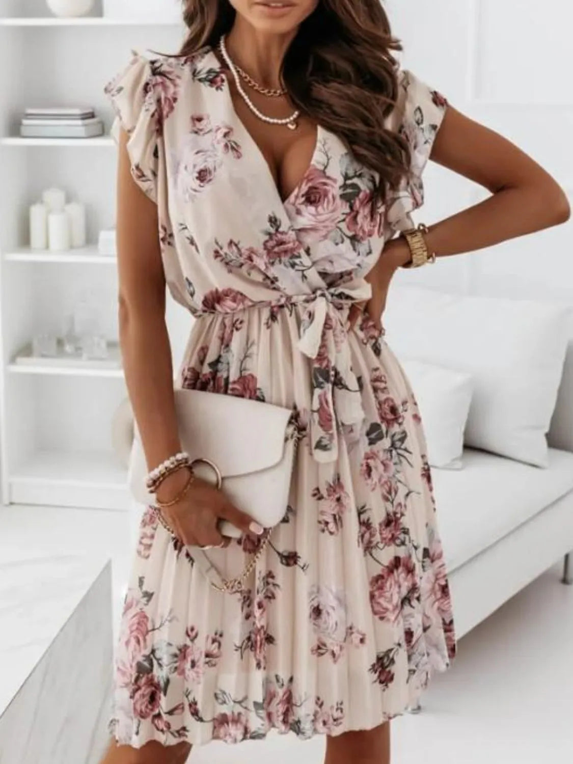Floral Surplice Ruffled Cap Sleeve Dress