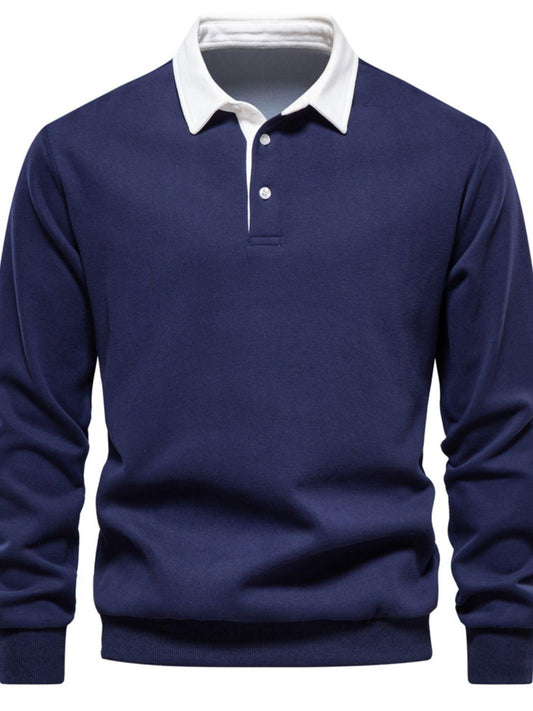 Men's Quarter Button Collared Neck Long Sleeve Polo - Clothes For Her Online Store