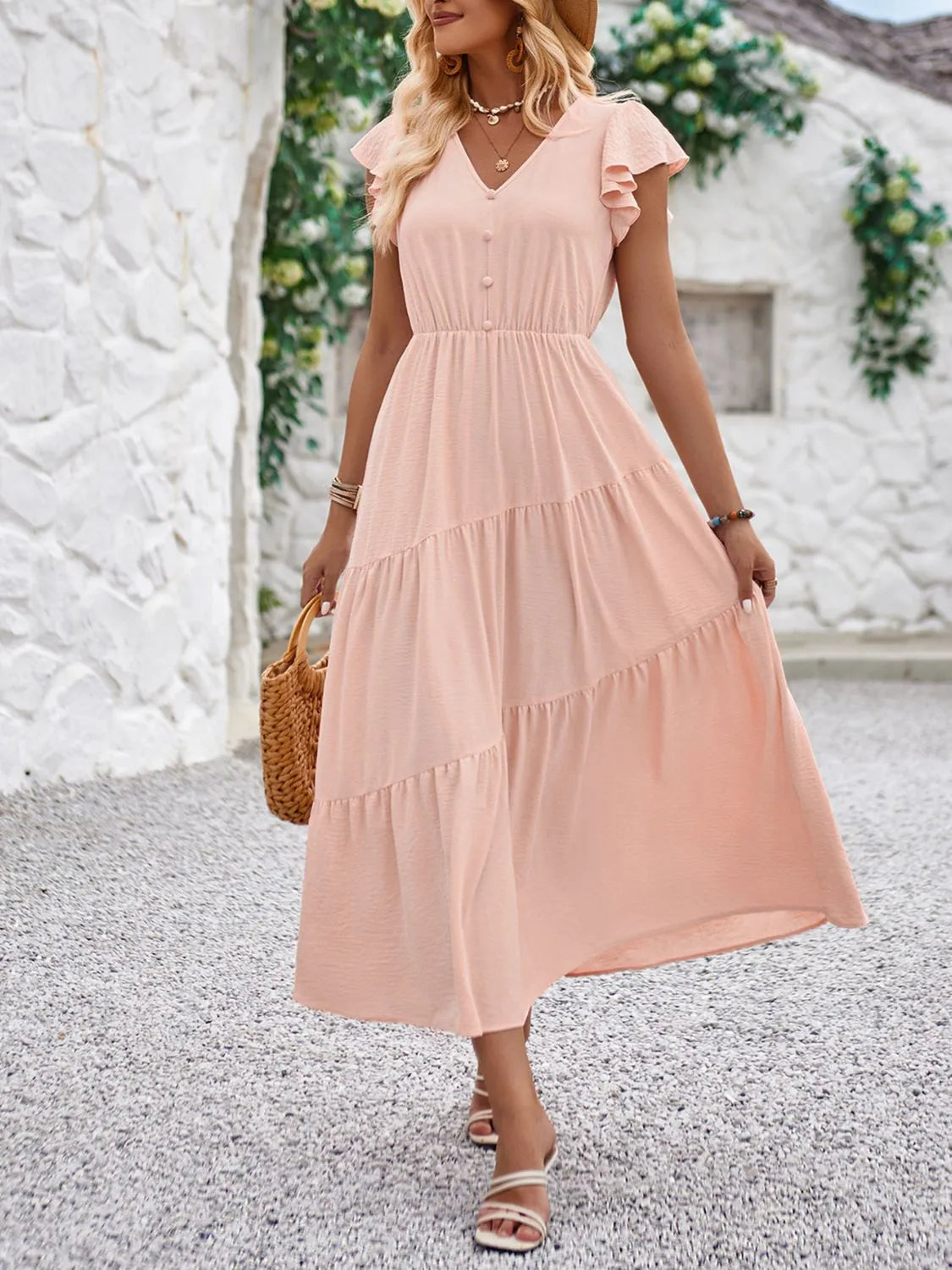 V-Neck Ruffle Sleeve Dress