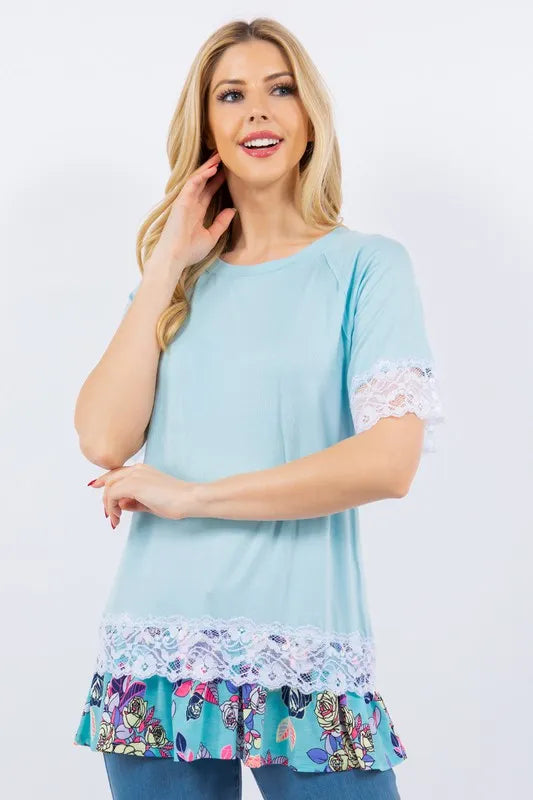 Celeste Full Size Lace Trim Short Sleeve Top Plus Size