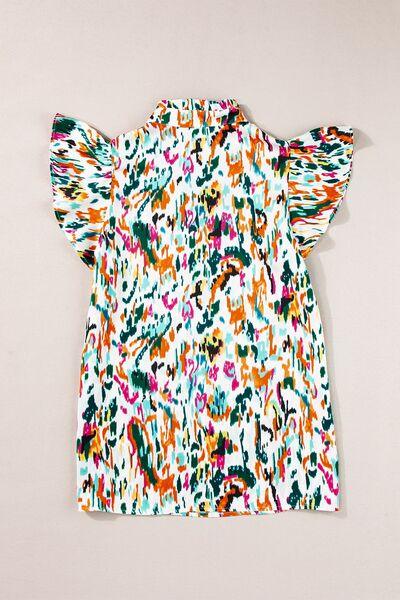 Abstract Print Ruffle Sleeve Blouse