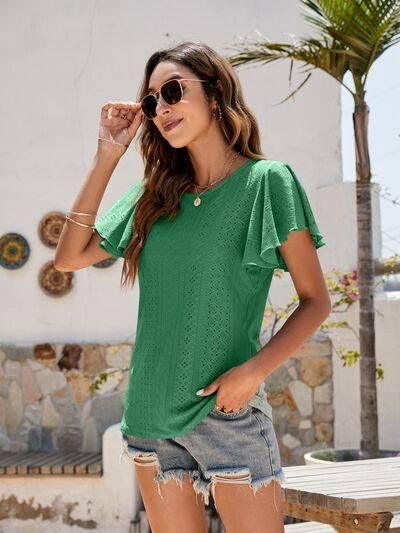 Mandy Eyelet Round Neck Flutter Sleeve Top