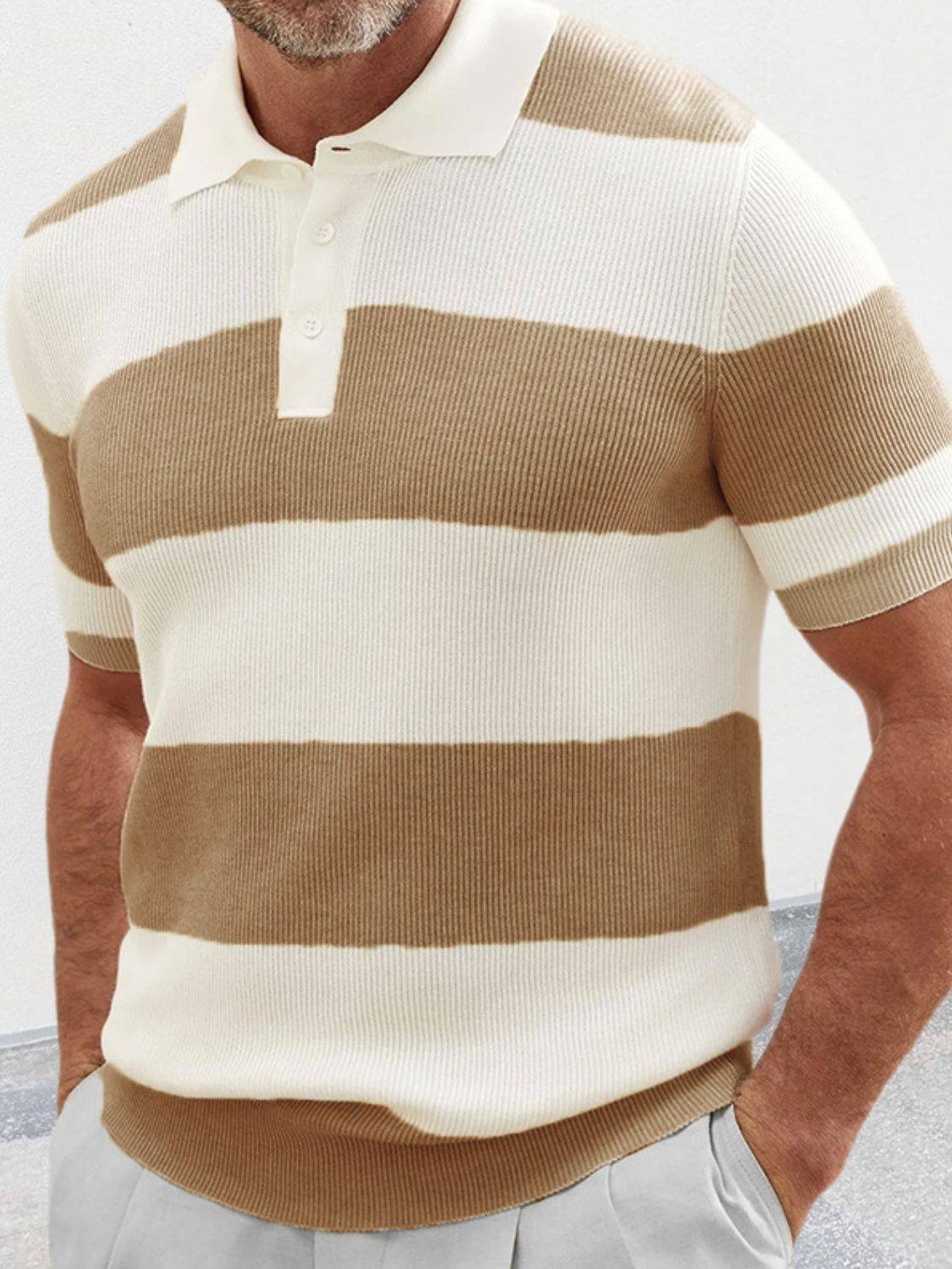 Men's Plus Size Collared Neck Striped Ribbed Knit Polo