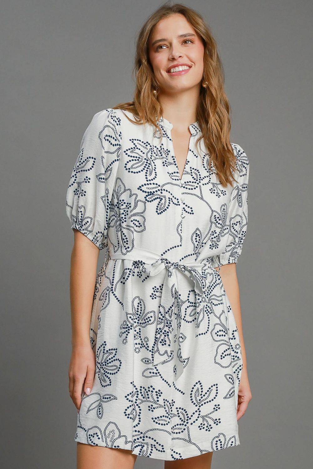 Umgee Full Size Floral Print Notched Puff Sleeve Mini Dress Plus Size - Clothes For Her Online Store