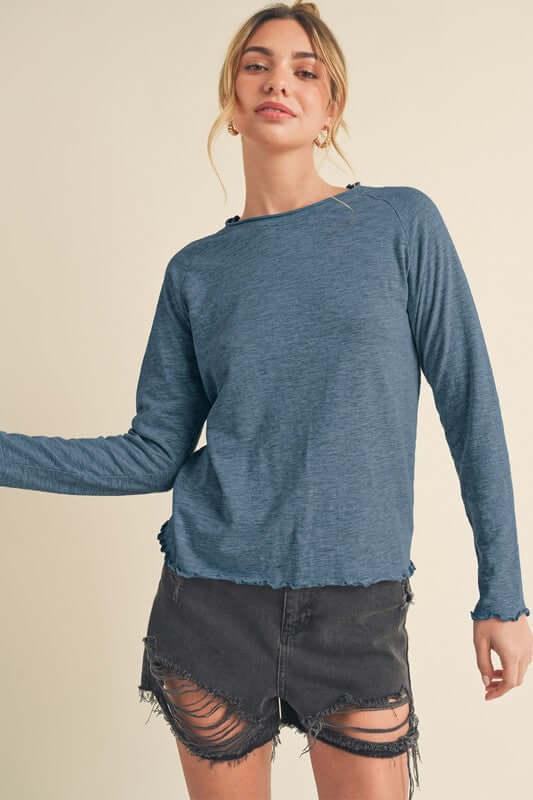 Aemi + Co Lettuce Hemline Round Neck Raglan Sleeve T-Shirt