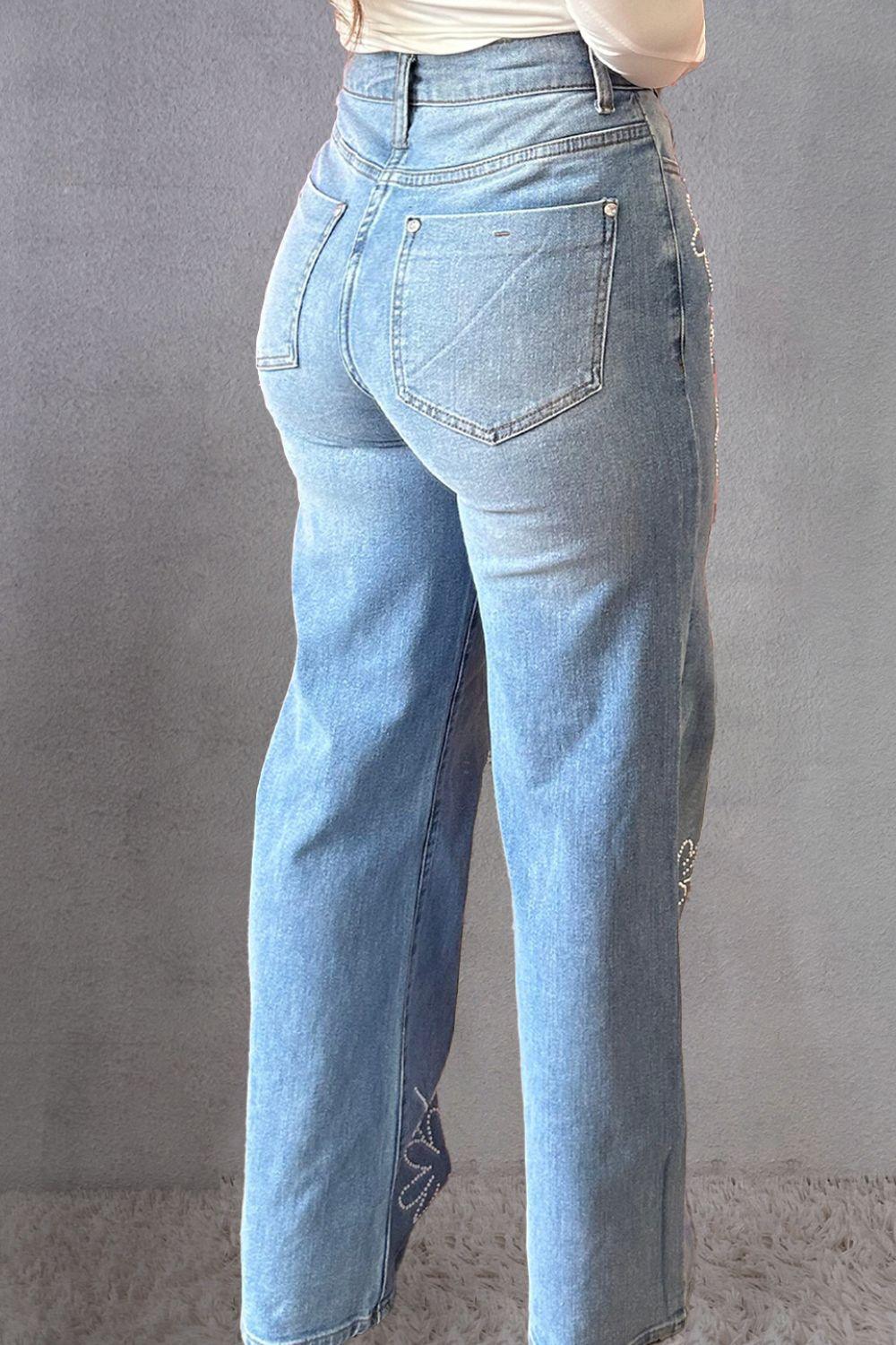 Rhinestone Straight Jeans with Pockets - Clothes For Her Online Store