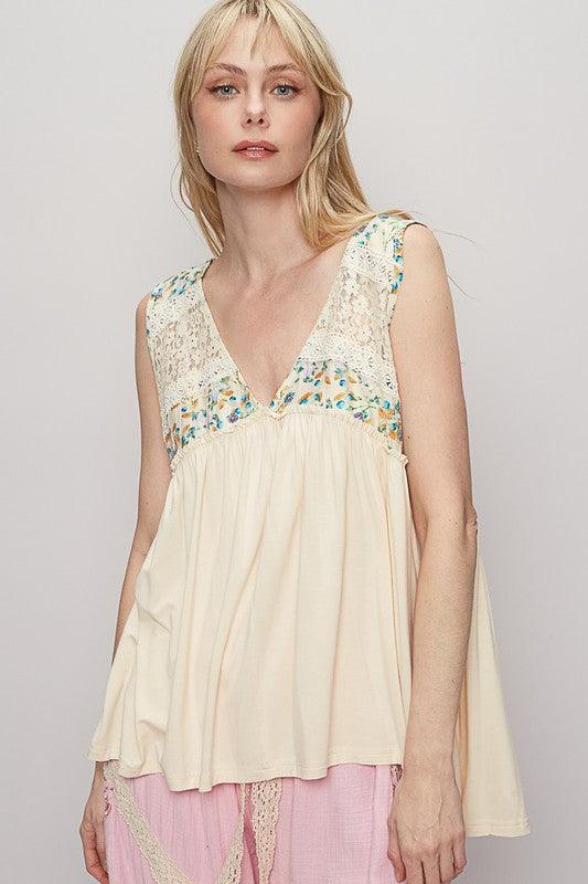 POL Lace Detail Frill Floral V-Neck Sleeveless Top