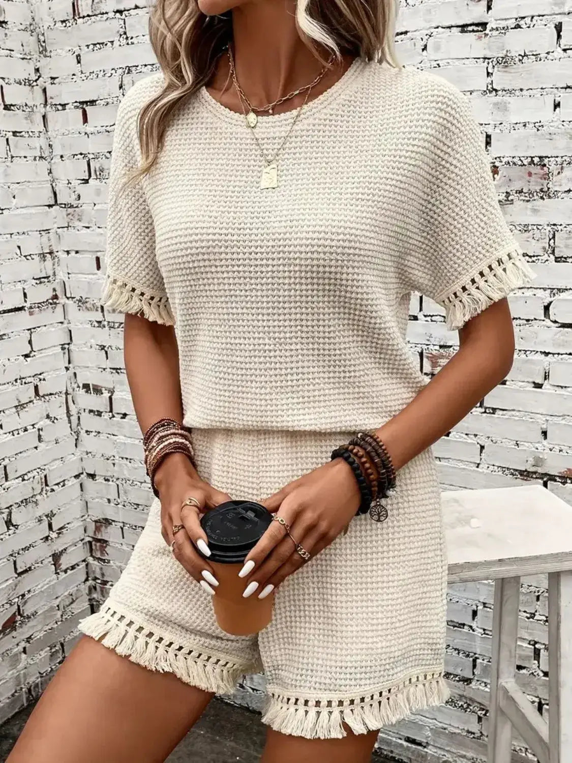 Tassel Round Neck Top and Shorts Set - Clothes For Her Online Store