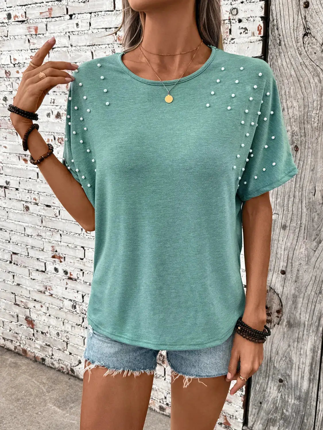 Pearl Detail Round Neck Short Sleeve T-Shirt - Clothes For Her Online Store