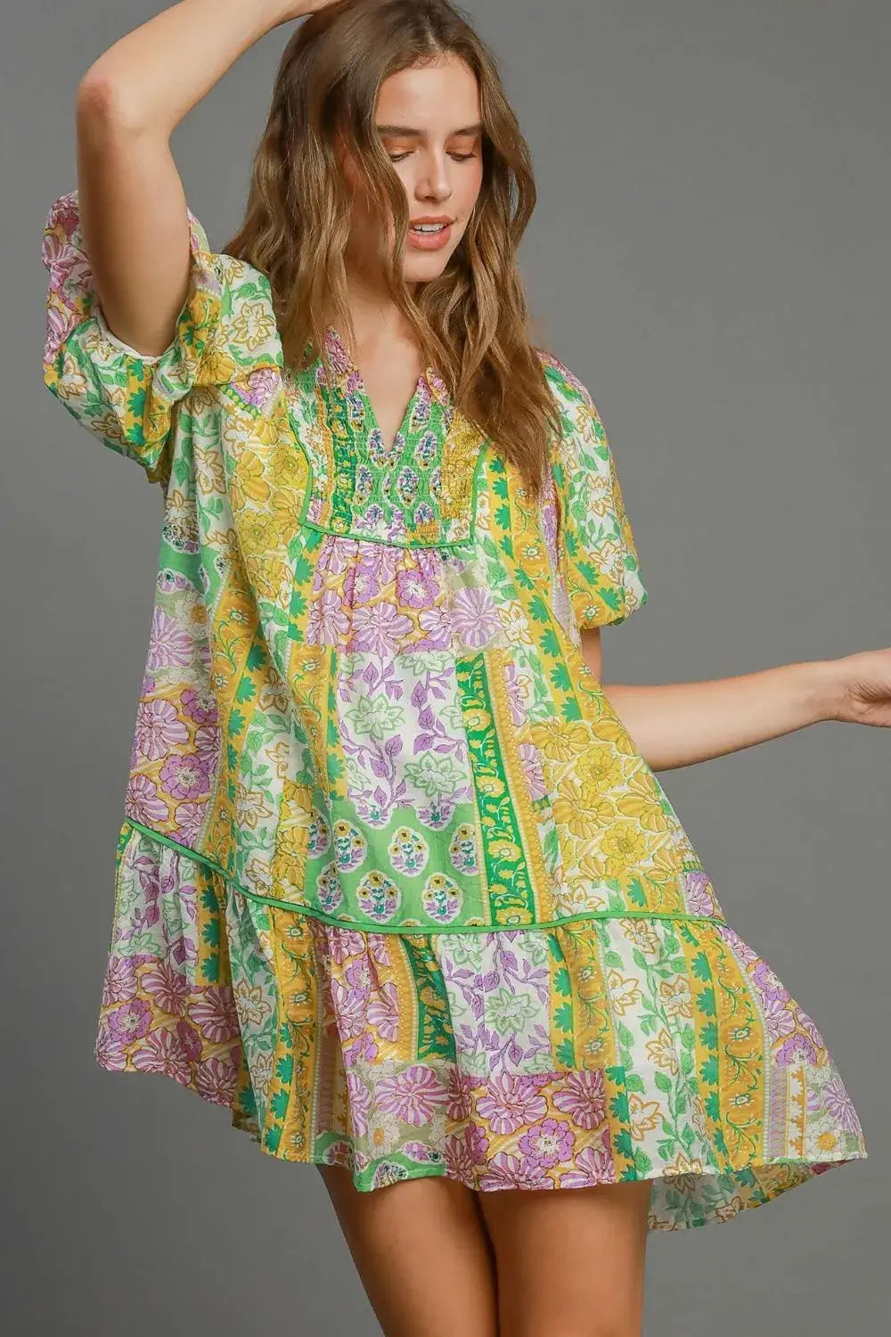 Umgee Full Size Smocked Floral Puff Sleeve Mini Dress Plus Size