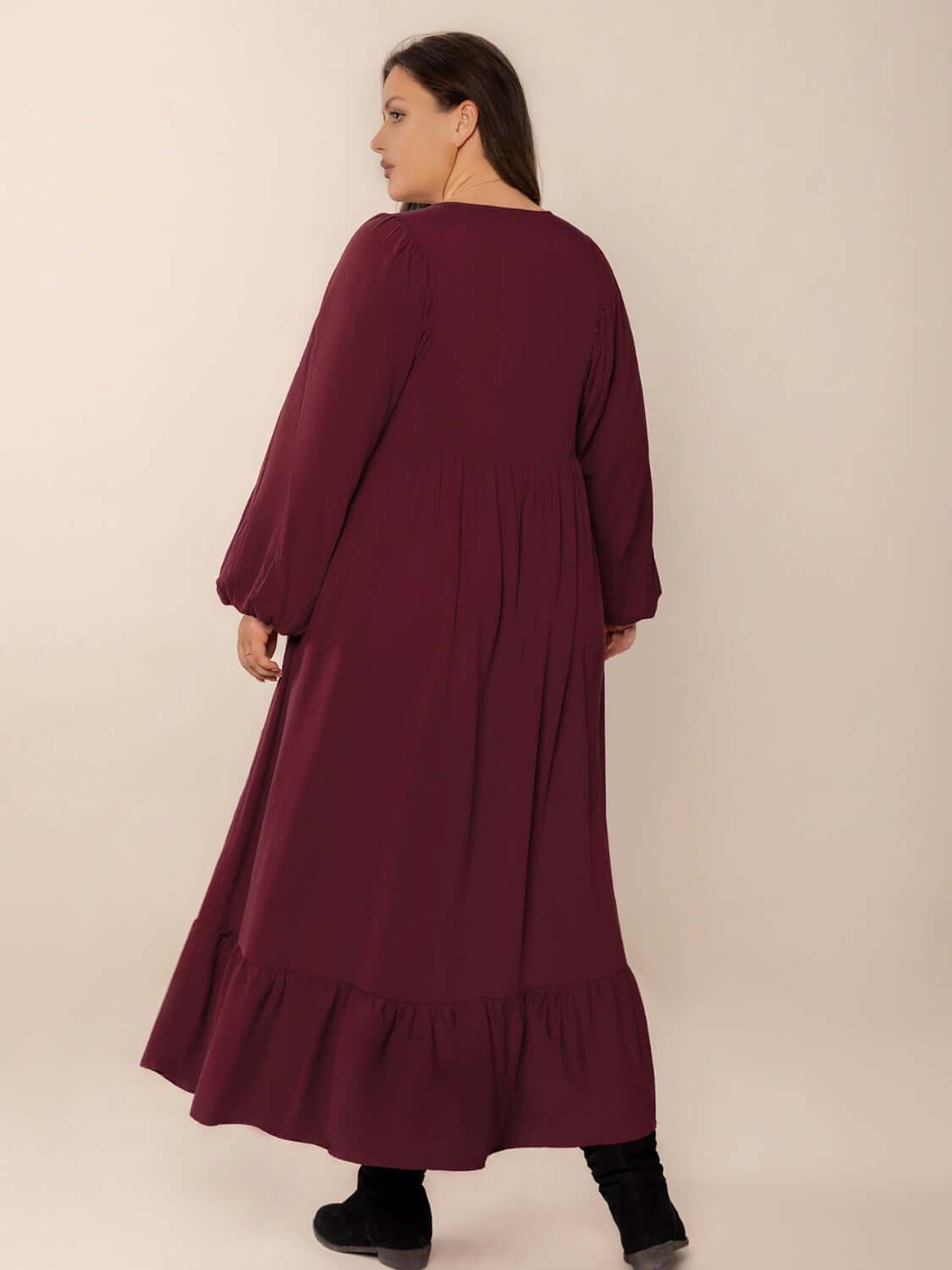 Plus Size Ruffled Hem V-Neck Balloon Sleeve Dress - Clothes For Her Online Store