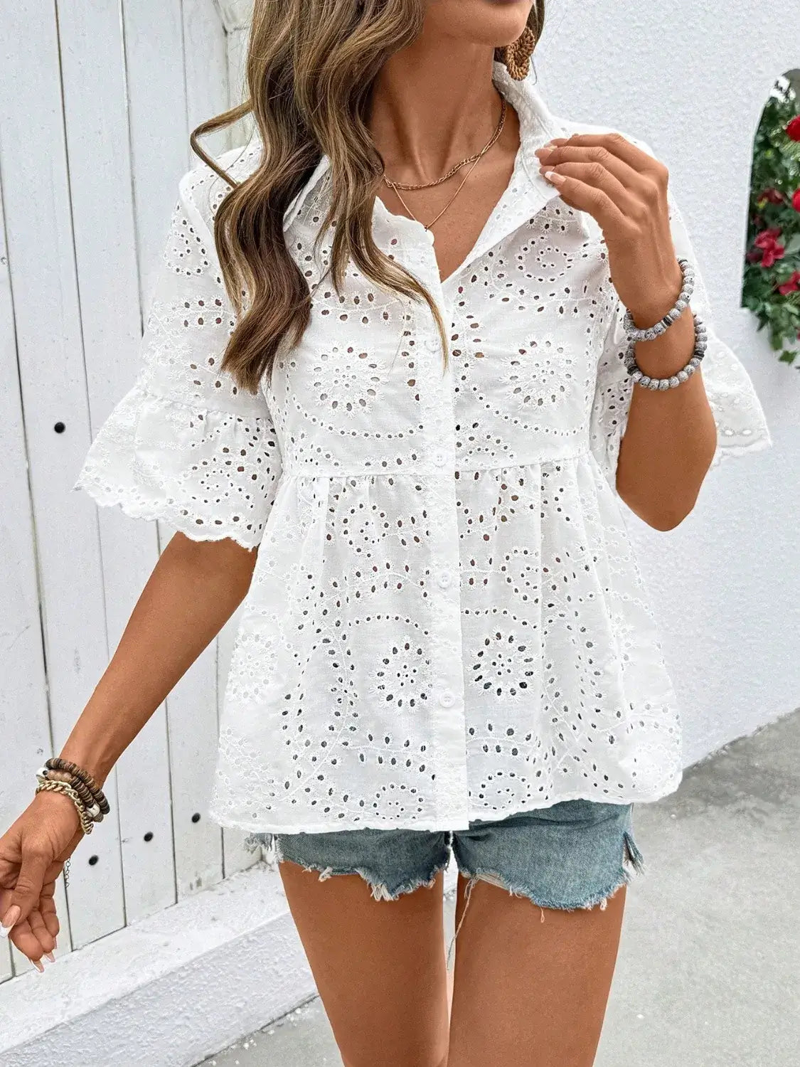 Eyelet Solid Collared Neck Half Sleeve Shirt
