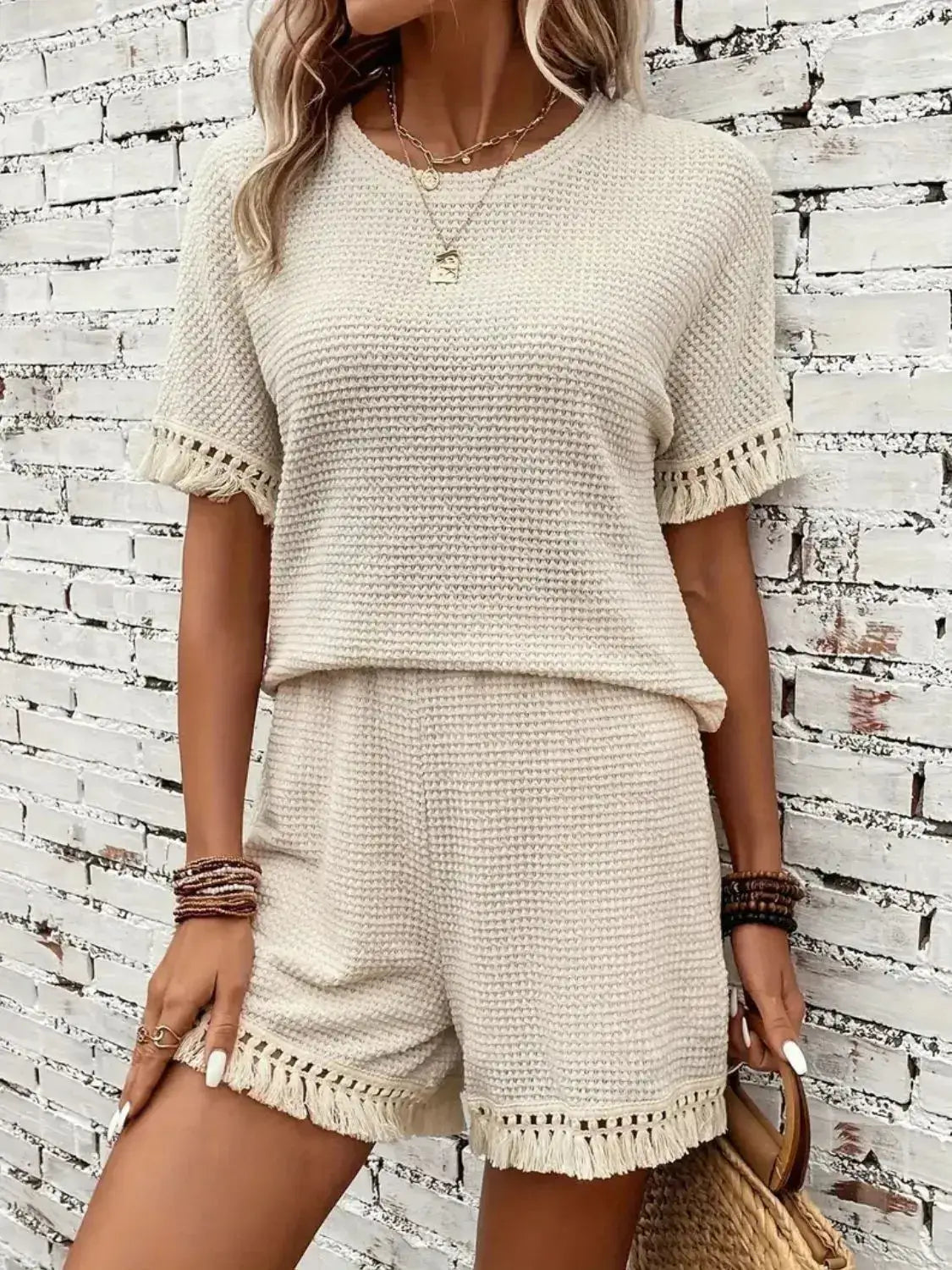 Tassel Round Neck Top and Shorts Set - Clothes For Her Online Store