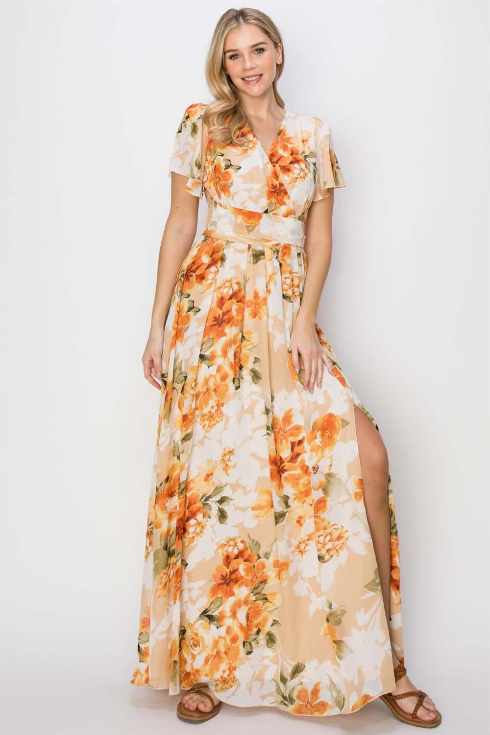 HYFVE Floral Tie Back Short Sleeve Slit Maxi Dress - Clothes For Her Online Store