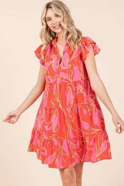 Mittoshop Leaf Print Ruffle Sleeve Tiered Mini Dress