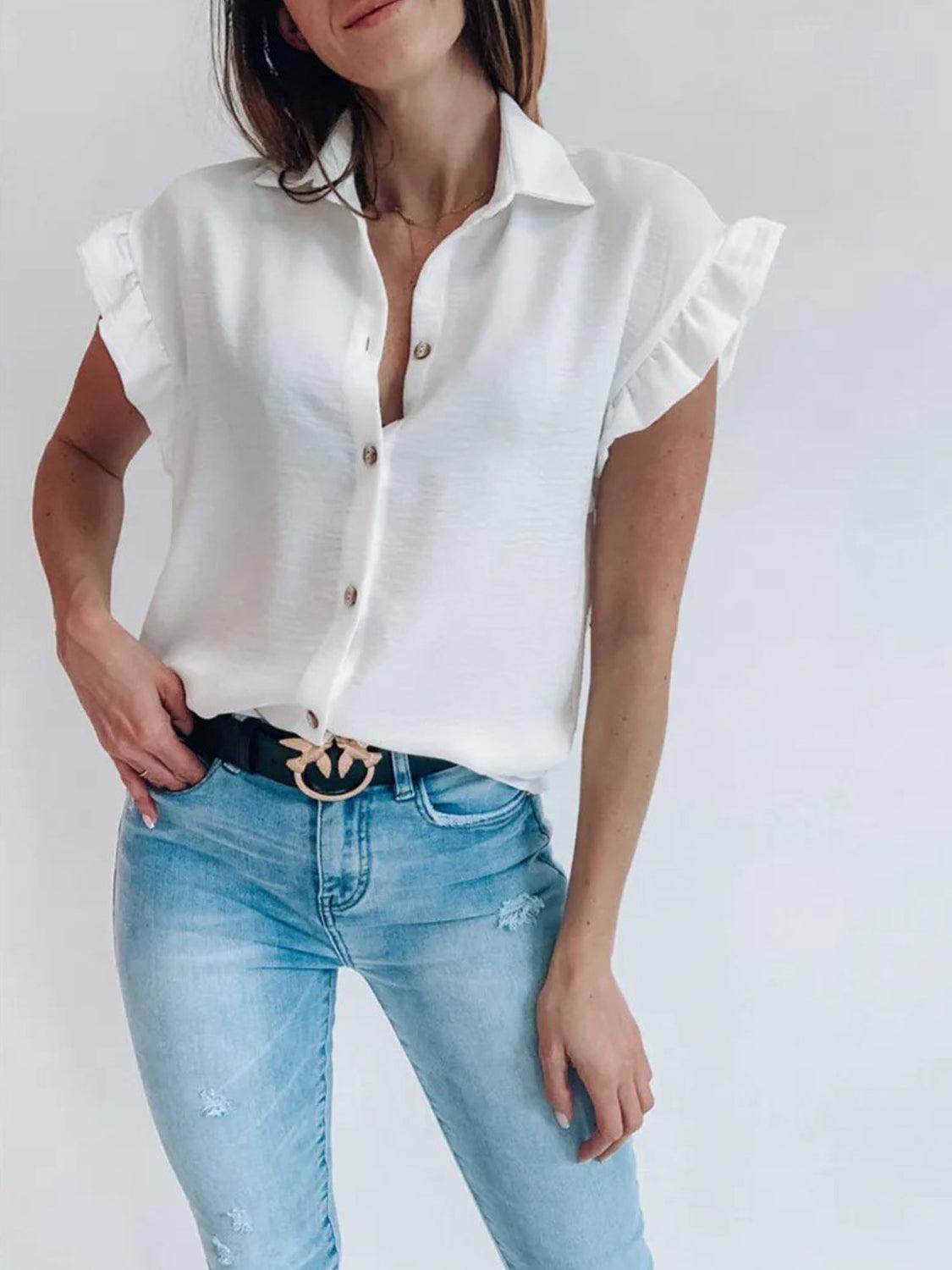 Ruffled Collared Neck Cap Sleeve Shirt