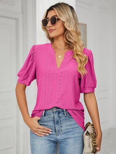 Florira Eyelet Notched Short Sleeve T-Shirt