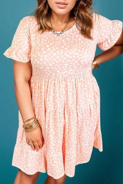Plus Size Printed Round Neck Flounce Sleeve Mini Dress - Clothes For Her Online Store