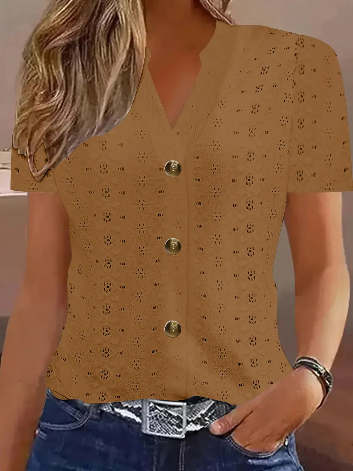 Openwork Notched Short Sleeve Top - Clothes For Her Online Store