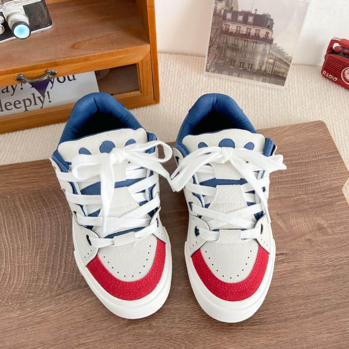 Contrast Lace Up Round Toe Flats Sneakers - Clothes For Her Online Store
