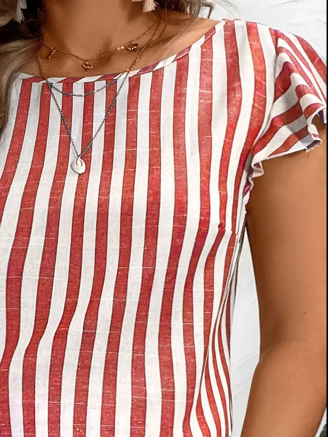 Ruffled Striped Round Neck Cap Sleeve Blouse