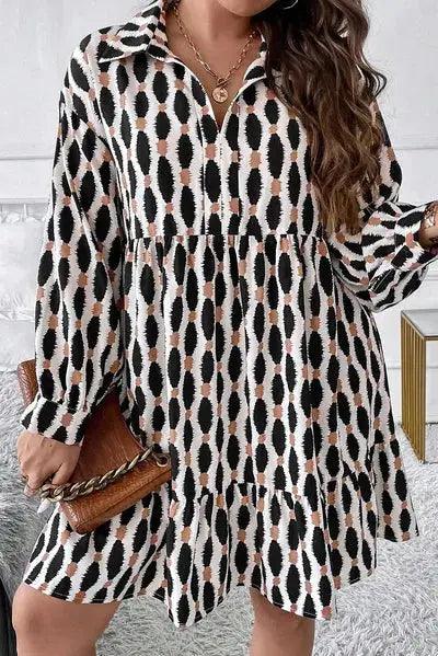 Plus Size Printed Johnny Collar Long Sleeve Dress - Clothes For Her Online Store