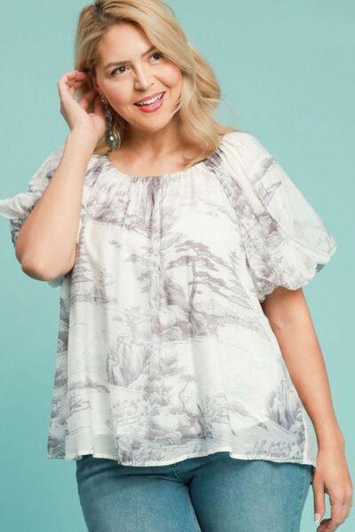 Umgee Full Size Two Tone Toile Print Top Plus Size - Clothes For Her Online Store