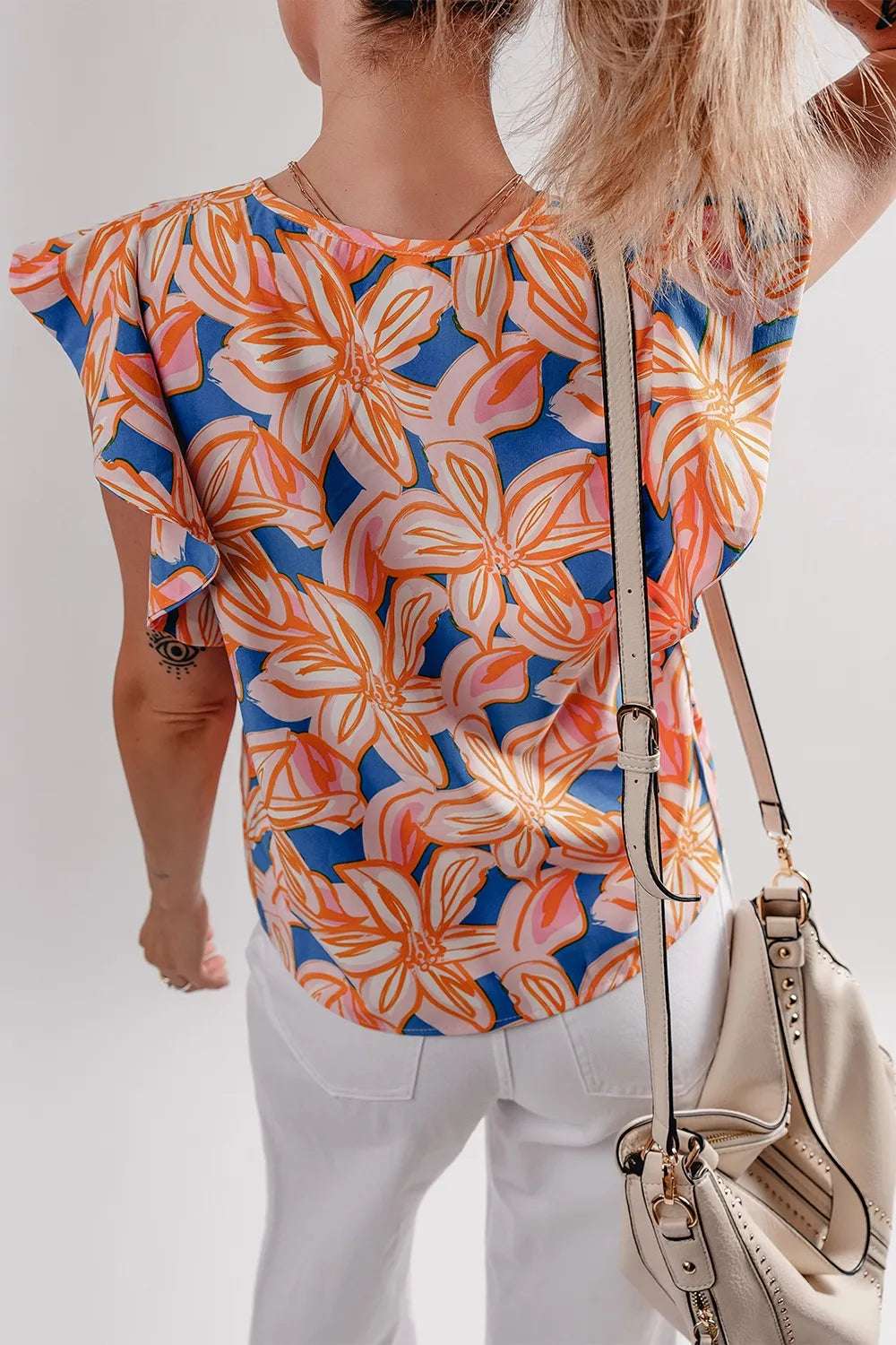 Flower Print Notched Neck Ruffle Sleeve Blouse