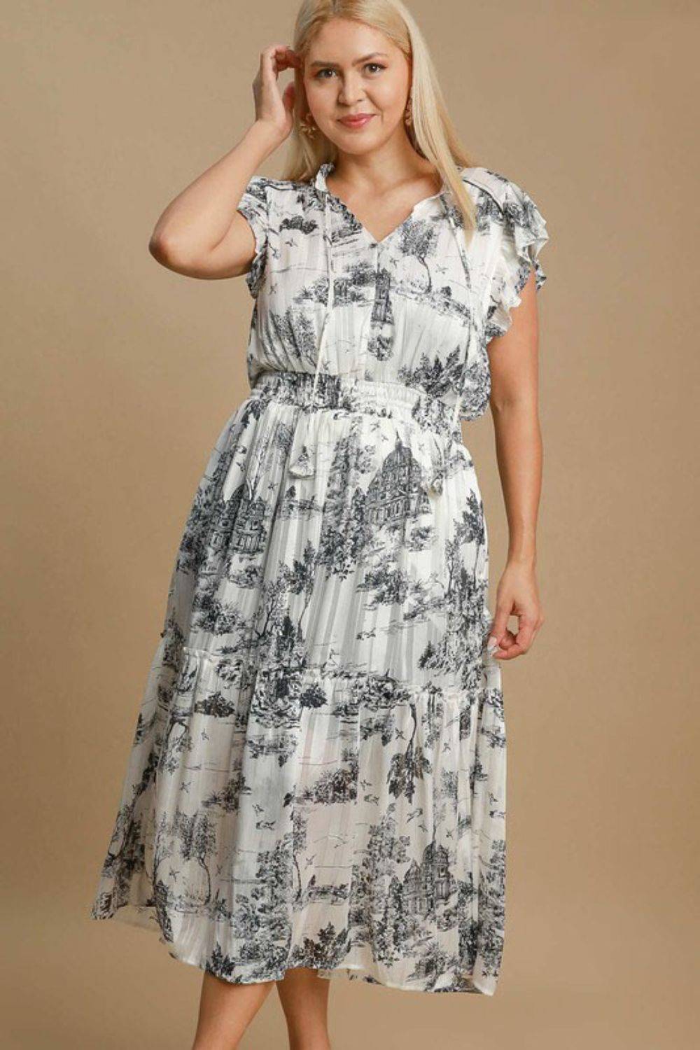 Umgee Full Size Two Tone Landscape Print Midi Dress Plus Size - Clothes For Her Online Store