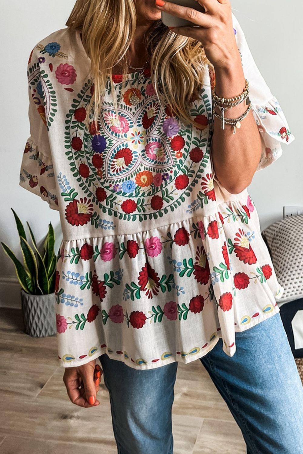 Floral Print Round Neck Ruffle Trim Blouse