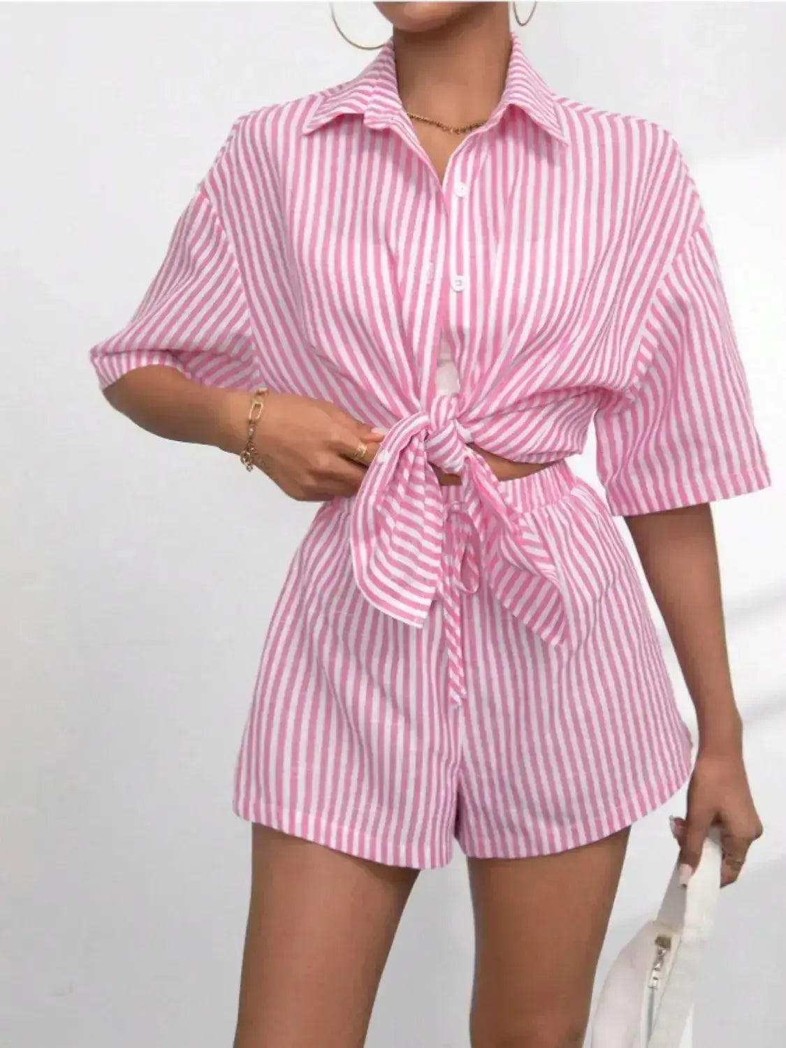 Striped Button Up Shirt and Shorts Set - Clothes For Her Online Store